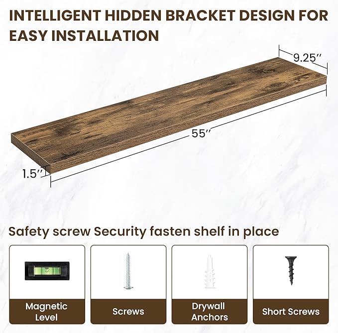55 Inch Floating Shelves, 12 Inch Deep Floating Shelves for Wall, Floating Shelf with Invisible Brackets, Deep Shelves for Bathroom, Bedroom, Living Room, 1 Pack, Brown