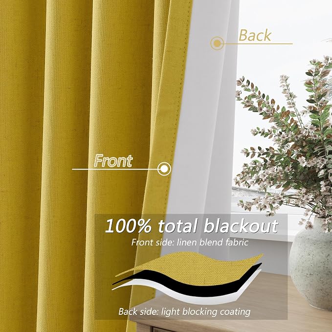 Guken Celery Yellow 100% Blackout Linen Curtains 102 Inch Length 2 Panels Set - Image 5