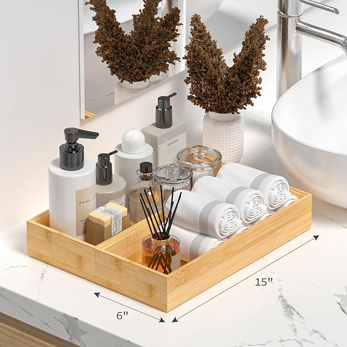 Kitchen Drawer Organizer Bins, Stackable Bamboo Deep Drawer Organizer for Silverware, Utensils, Cutlery, Flatware, Junk Drawer, Dresser, Bathroom, 15" x 6" x 2.5" (Set of 2)