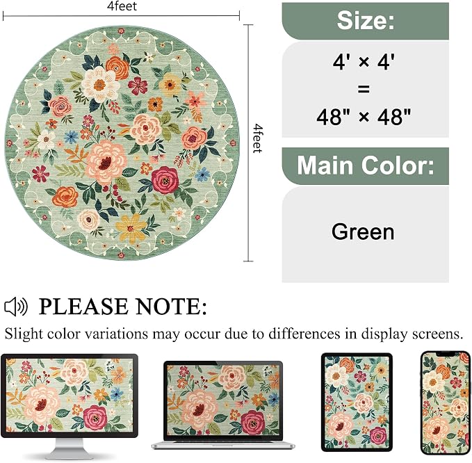 DUKINO 4ft Round Rug, Floral Washable Small Round Area Rug Non Slip, Low Pile - Image 2