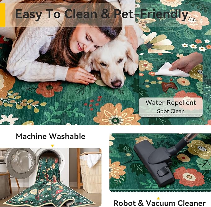 RELEANY Floral Washable 3x5 Area Rugs DarkGreen | Flower Carpet Print Boho Cute - Image 3
