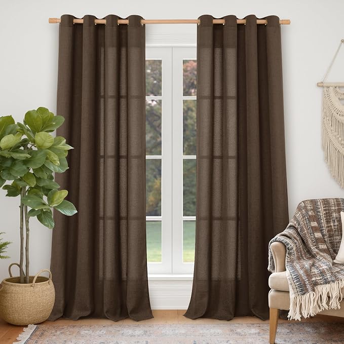 YoungsTex 102 Inches Long Brown Linen Curtains, Chocolate Semi Sheer Drapes by YoungsTex