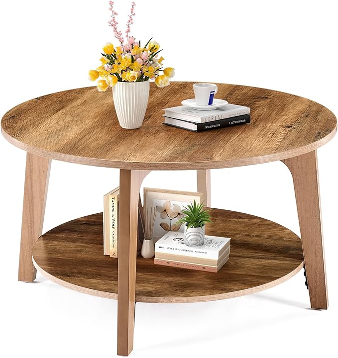 Sweetcrispy Round Coffee Table, 36'' Wood Coffee Tables for Living Room with Storage, 2-Tier Center Circle Counter with Wooded Desktop, 50 lbs Capacity, Anti-Slip Feet, Modern Farmhouse Design, Brown