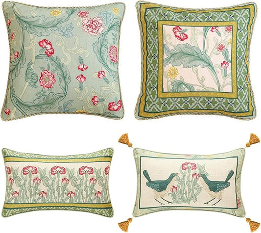 patdrea Designer Pack of 4 Throw Pillow Covers,French Vintage Rustic Linen with Green Floral Pattern Pillows Cover,Decorative Lumbar Square Pillowcases Cushion for Bed Living Room Outdoor Car