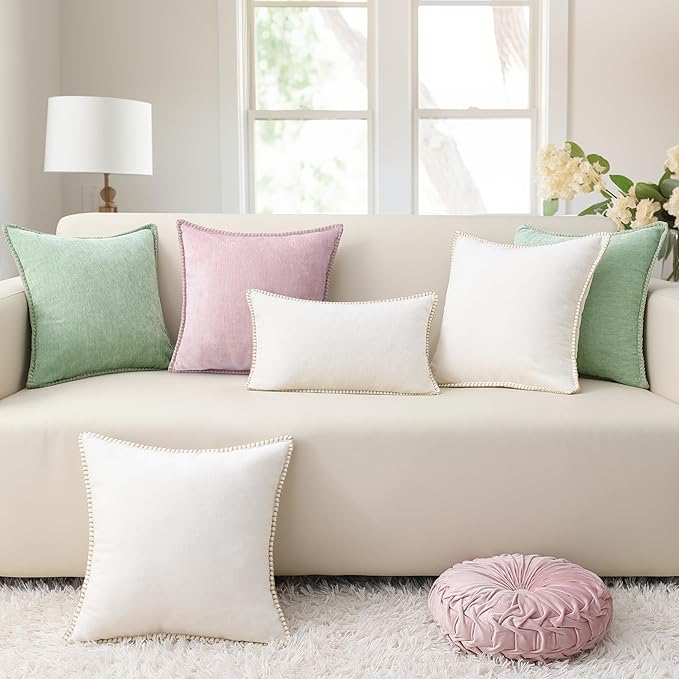 decorUhome Chenille Soft Throw Pillow Covers 22x22 Set of 2, Farmhouse Velvet Neutral Decorative Euro Pillow Covers with Stitched Edge for Couch Sofa Bed Home Decor, Sage Green