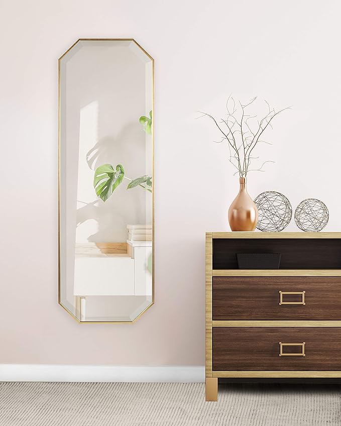 Kate and Laurel Rhodes Modern Full Length Framed Octagon Wall Mirror, 16 x 48, Gold, Decorative Glam Geometric Wall Accent