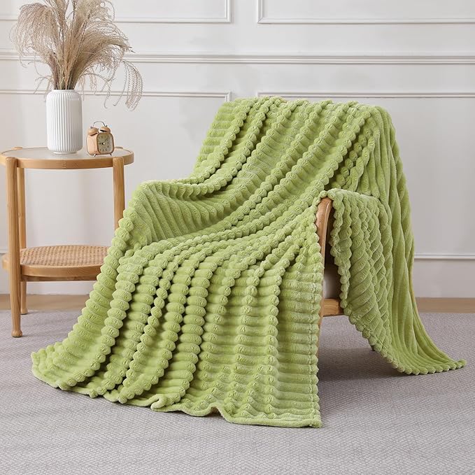 Moss Green Throw Blanket for Couch Sofa 60x80 inches Striped Design | Fleece - Image 3