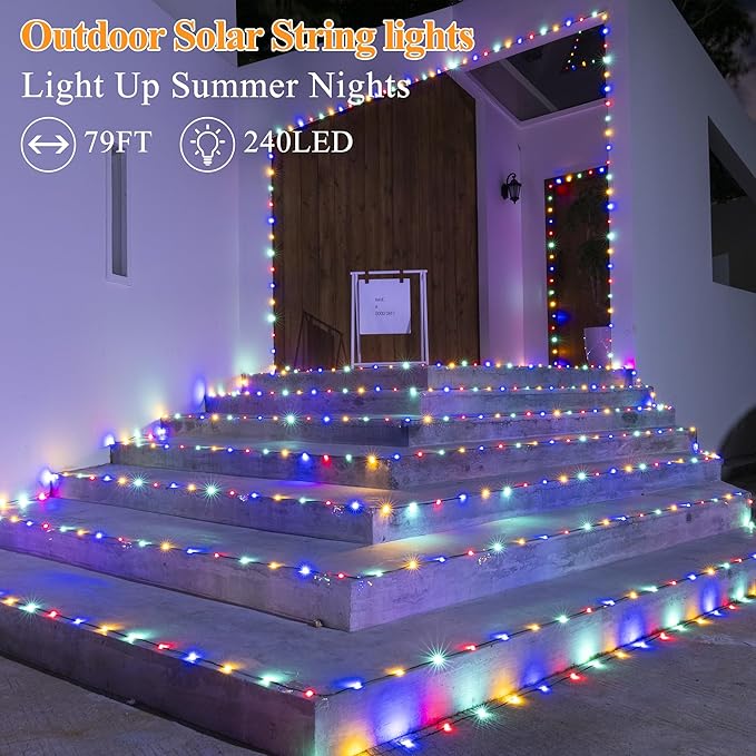 Solar String Lights 240LED 79FT, IP67 Waterproof String Lights for Outside with 8 Lighting Modes, Upgraded Solar Panel Fairy Lights for Garden Party Wedding Decorations (Multicolor)