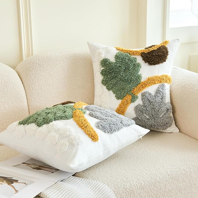 HOdo Home 18x18 Throw Pillow Covers, 2PCS Tufted Boho Jacquard Pillow Covers,Farmhouse Decorative Pillow Cover,Pillow Cases for Couch Sofa Bed Stylish Decor, Simple Textured Cushion Sham