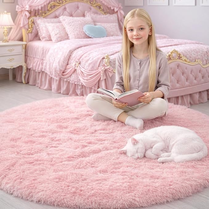 Pink Round Area Rugs 6Ft for Bedroom Living Room, Big Fluffy Shag Circle Rug - Image 5