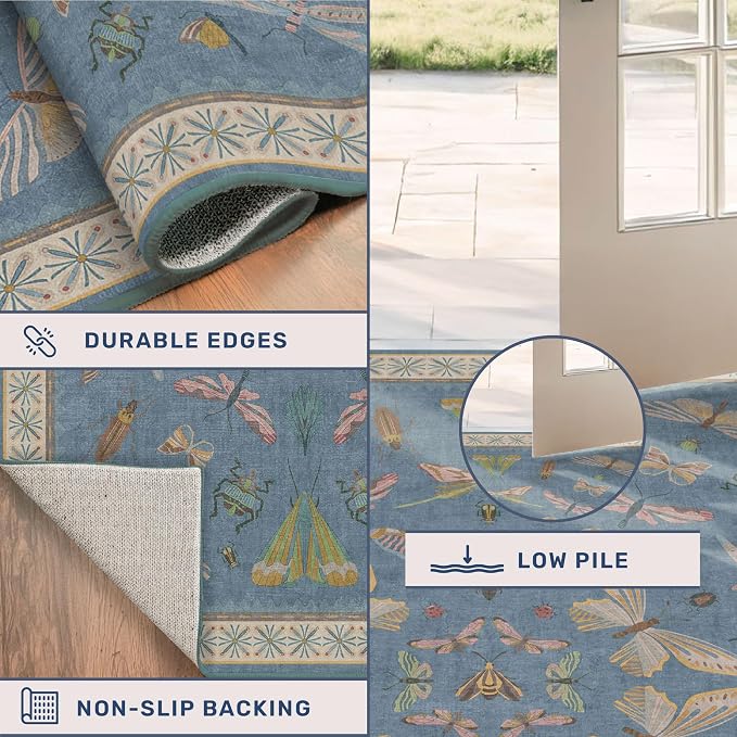 Washable Blue Insect Runner Rug 2'6''x12' - Image 4