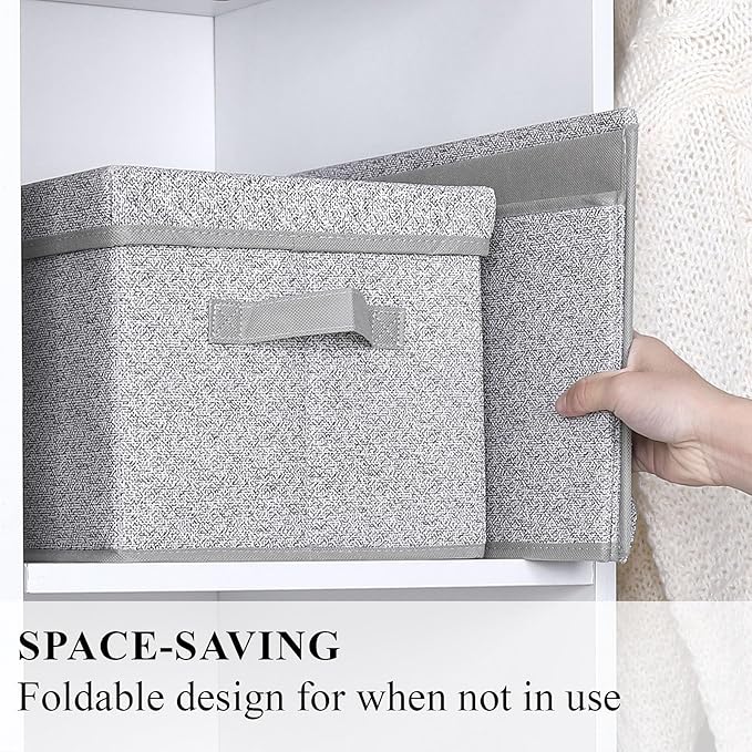 WUIKE Foldable Storage Bins with Lids, Storage Boxes with Handles, Closet Shelf Organizer, Fabric Storage Baskets for Bedroom, Decorative Storage Containers, Large, Ash Gray, 3-Pack
