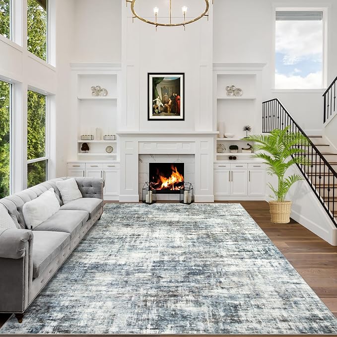 9x12 Area Rugs for Living Room: Washable Abstract Blue Multi Badroom Carpet | by GENTDRIZZ