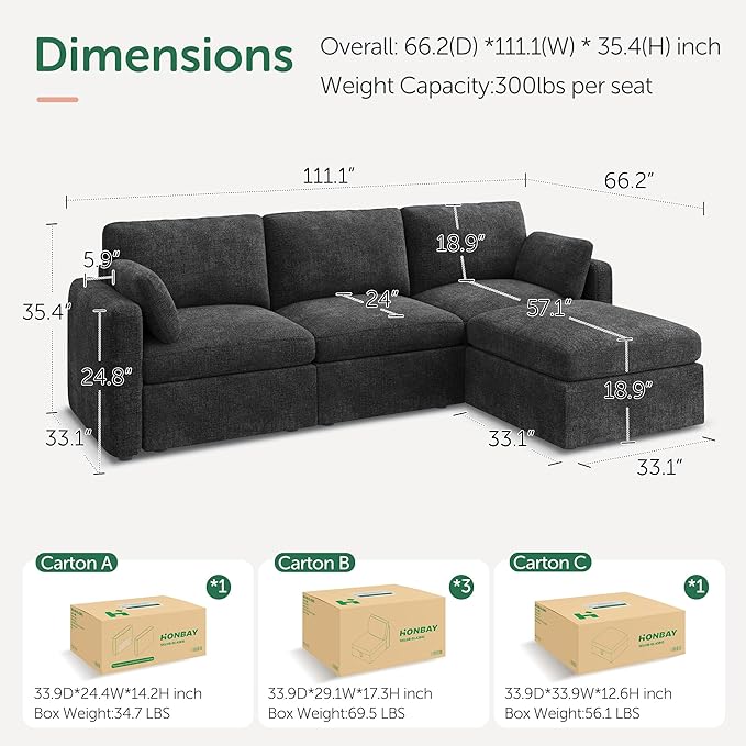 HONBAY Modular Sectional Couch with Storage Seats, L Shaped Sectional Sofa with Storage, Chenille Sectional Couches for Living Room, Grey