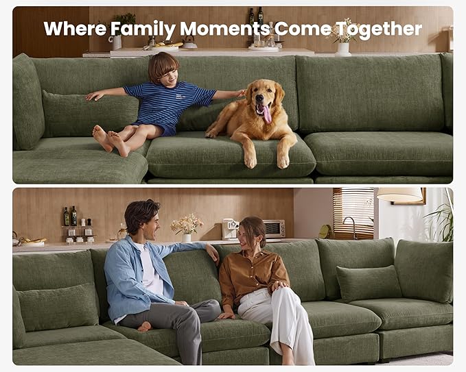 Oversized Modular Sofa, Extra Deep Cloud Chenille Sectional Couch with Ottoman Chaise, Fluffy Chenille 3 Seater Sofa for Living Room, Villa (Basic 3 Seater, Chenille Green)