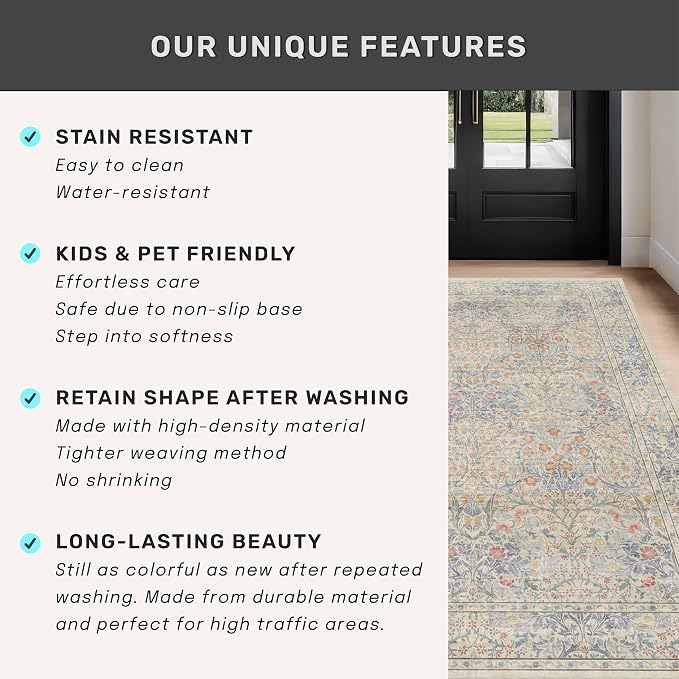 Beige Blue Washable 2'6"x10' Wide Hallway Runners, Kitchen Runner Rug, Non-Slip - Image 7