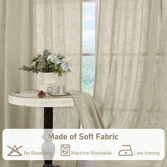 Oatmeal Sheer Linen Curtains for Living Room 2 Panels Set, 95 Inch Light - Image 9