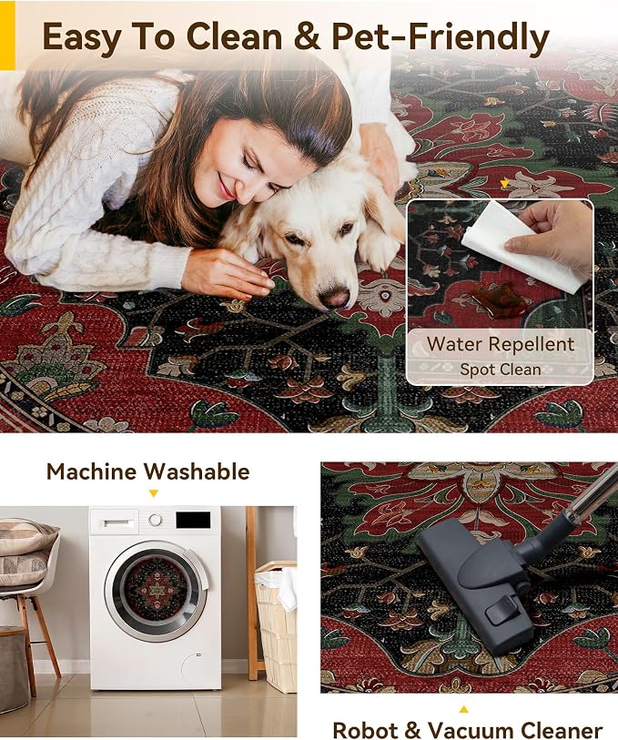 RELEANY Washable Area Rug, Round 5ft, Water Repellent, Pet Friendly, Vintage - Image 5