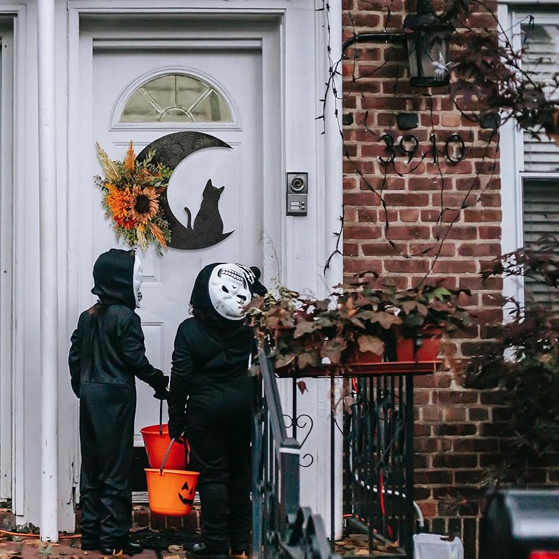 Halloween Wreaths for Front Door, Black Cat on Moon Garland with Rose Wreath Decor, Halloween Decorations Crescent Moon Wreath for Home Party Window Wall Indoor Outdoor (orange flower)