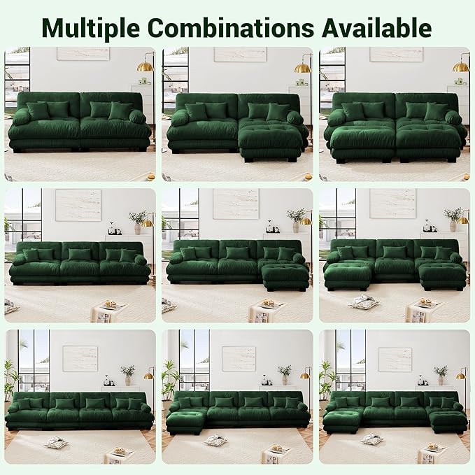 Modular Sectional Sofa, Comfy Cloud Couch 4 Seater Couch, Sectional Couches for Living Room, Modern Chenille Oversized Couches for Bedroom, Sleeper Deep Seat Sofa with Throw Pillows, Green
