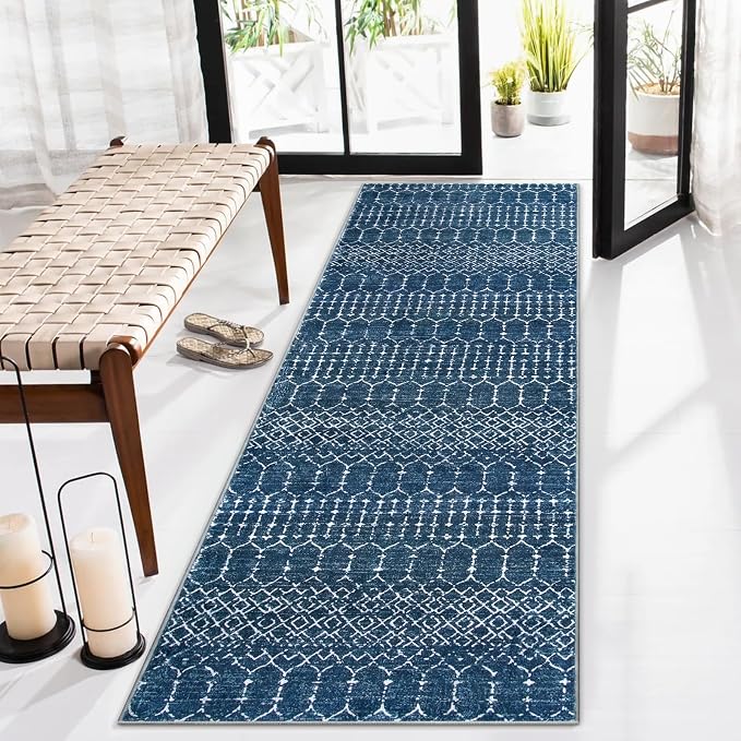 Lahome Moroccan 2x5 Washable Blue Runner Rug, Non-Slip Low-Pile Stain Resistant by Lahome