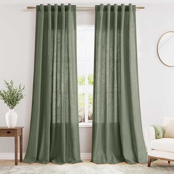 Olive Green Semi Sheer Curtains 108 Inches Long 2 Panels Back Tab Loop Pocket by Nanspring