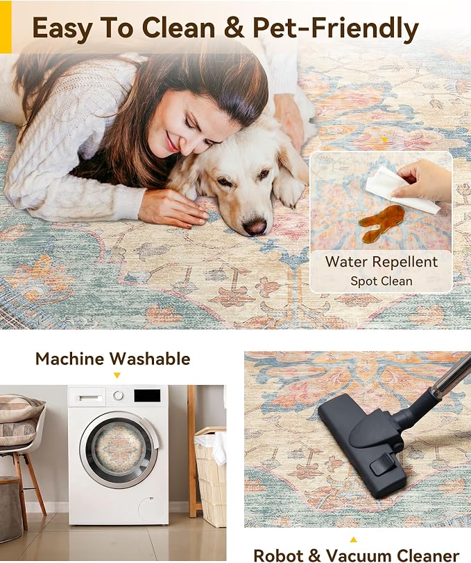 RELEANY Washable Area Rug, Round 7ft, Water Repellent, Pet Friendly, Vintage - Image 4