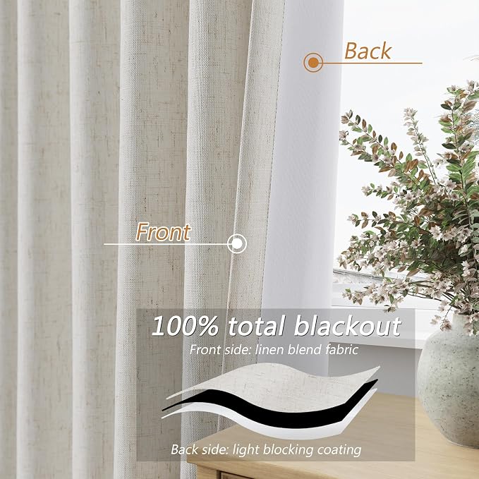 100% Blackout Boho 96 Inches Long Natural Linen Curtains Floor to Ceiling Drapes - Image 4