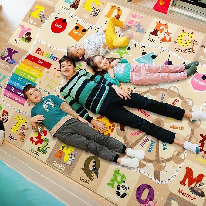 7x10 Playroom Rugs for Kids Washable, Educational and Fun Playmat with ABC Alphabet Animals Shapes Colors, Non-Slip Play Mat Learning Rug for Baby Toddler Children Game Activity，Beige, Pink