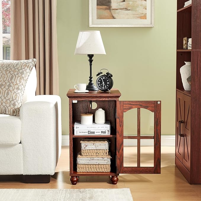 Narrow Side Table Set of 2,Farmhouse Nightstand with Charging Station,End Table with Glass Barn Door Storage, Cabinet Organizer with Adjustable Shelf, Night Stand for Small Spaces Living Room Bedroom