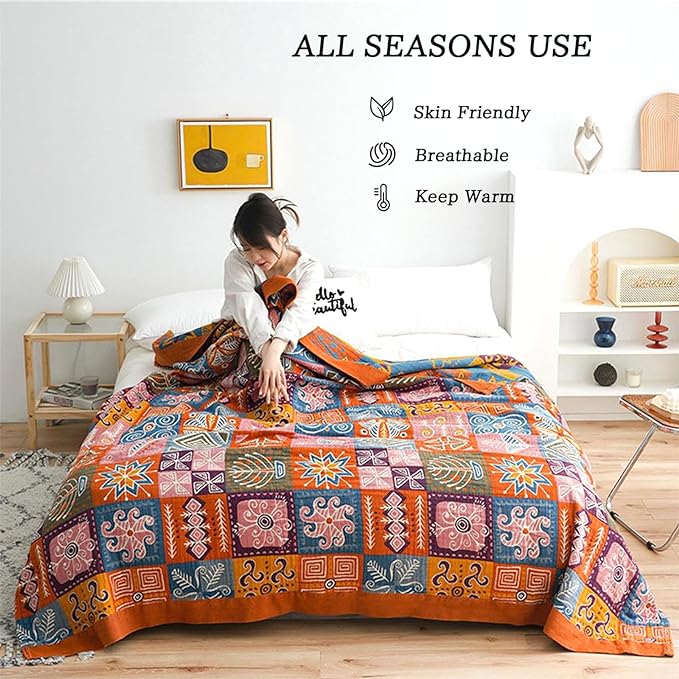 MSGKV Boho Throw Blanket 90''x98'' 100% Cotton Spring Blanket - Image 4
