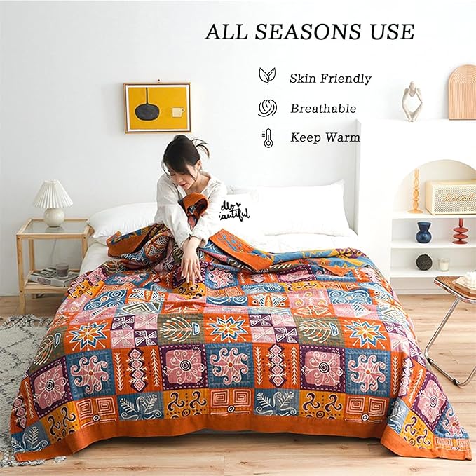 Cotton Throw Boho Blanket for Couch Bed,Cotton Quilted Boho 80''x90'' Muslin Blankets Travel Mexican Super Soft Blanket