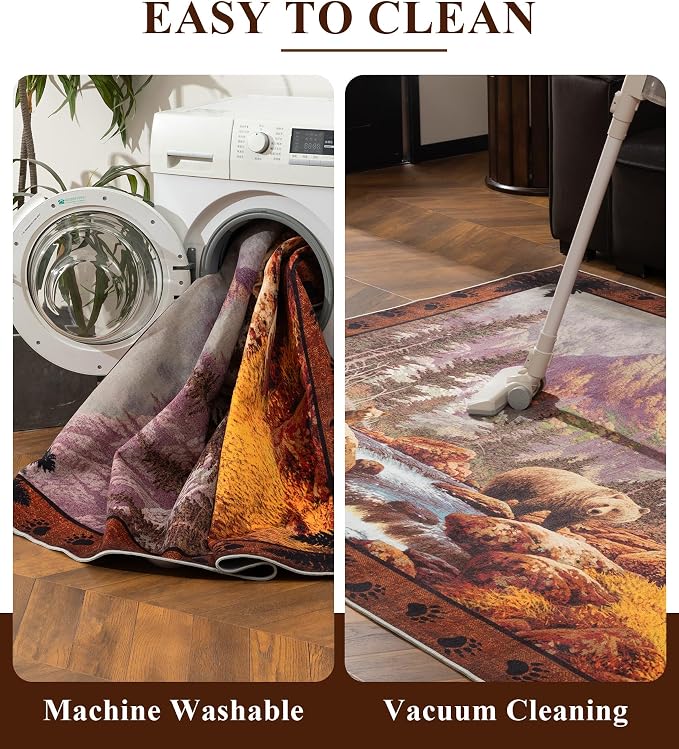 Rustic Cabin Area Rug for Bedroom 8x10, Machine Washable Woodland Bear Rug - Image 6