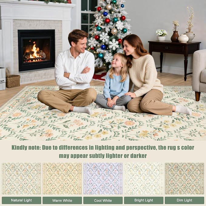 PLHXFR Area Rug 10x14 Living Room: Floral Washable Boho Carpet Beige Multi | - Image 9