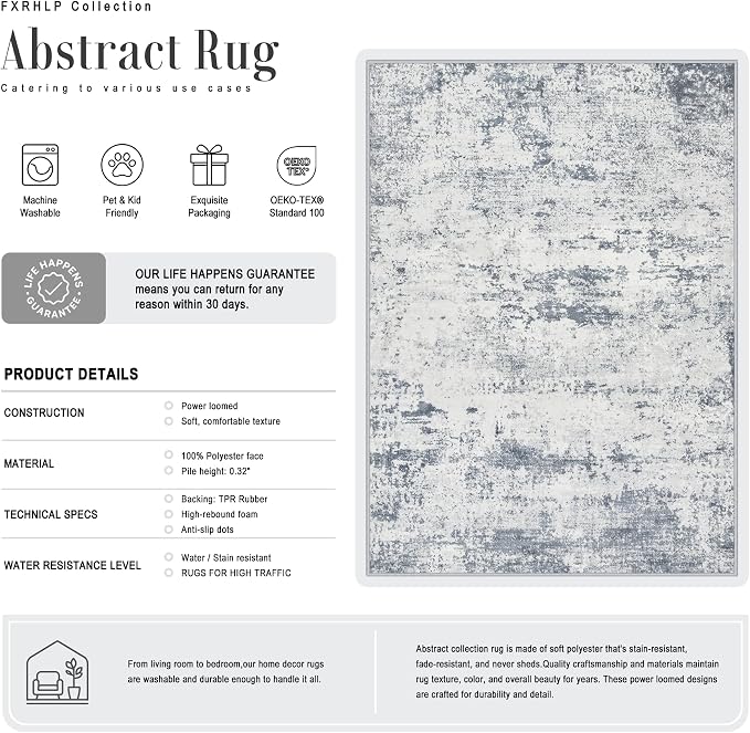 Area Rug Living Room: 5x5 Modern Washable Soft Carpet Blue Grey | - Image 3