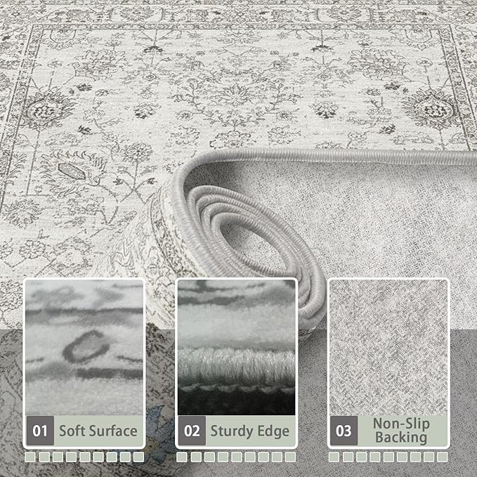 Grey Area Rug 6x9 for Living Room Bedroom | Ultra-Thin; Easy Clean; Non Slip; - Image 4
