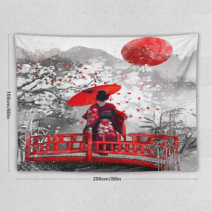 Japanese Red Geisha Tapestry Asian Cherry Blossom Red Sun Traditional Kimono Folk Tapestries Home Decor for Living Room Bedroom Apartment Farmhouse Dorm 80"x60"