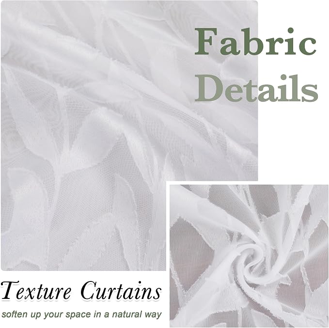 Lecloud Leia White Sheer Kitchen Curtains 24 Inch Length 2 Pcs, Jacquard Leaf - Image 4