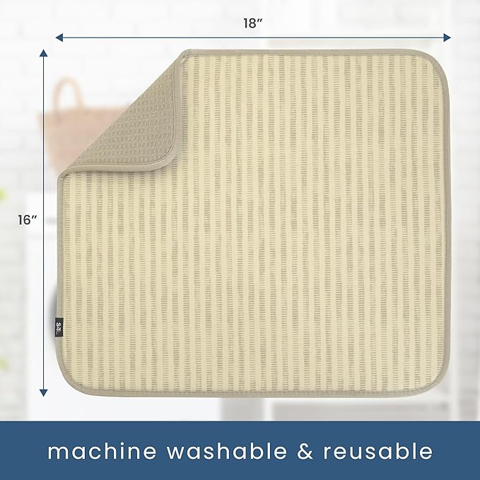 S&T INC. Dish Drying Mat, 16” x 18”, Absorbent Microfiber Kitchen Counter Mat, Dish Drying Pad for Dishes, Utensils, Pots and Pans, Large, Cream Distressed Lines