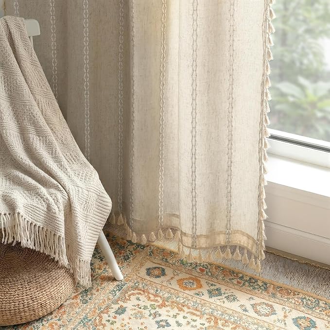 Boho Light Filtering Curtains 63 Inches Long Beige Linen Blend 2 Panels - Image 2