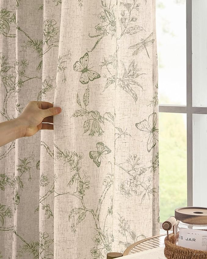 jinchan Floral Linen Curtains for Living Room 63 Inch Length Butterfly Sage - Image 3