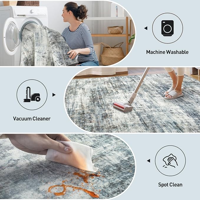 9x12 Area Rugs for Living Room: Washable Abstract Blue Multi Badroom Carpet | - Image 3