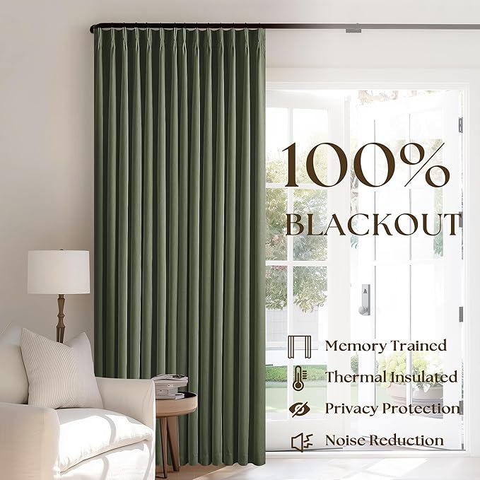 Olive Green Pinch Pleated Linen Blackout Curtains 90 Inch Long - Image 3