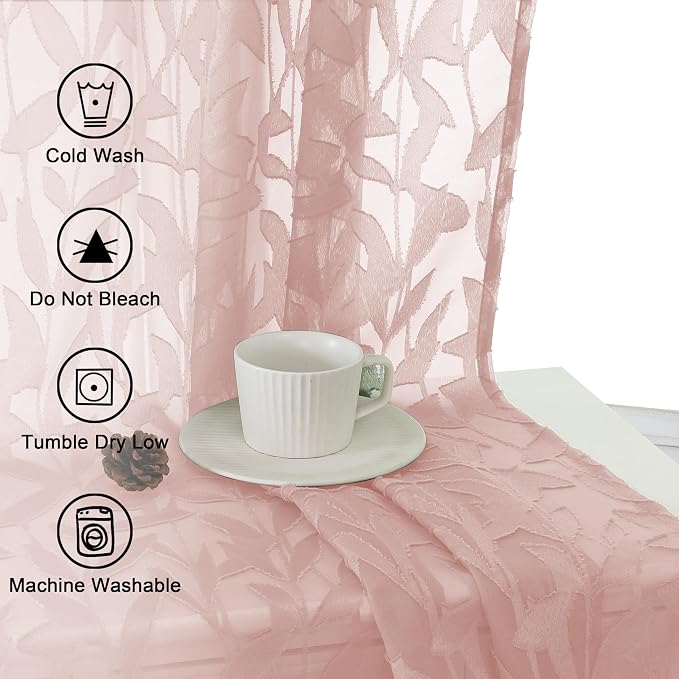 Lecloud Leia Blush Pink Sheer Curtains 72 Inches Long 2 Panels, Jacquard Leaf - Image 7