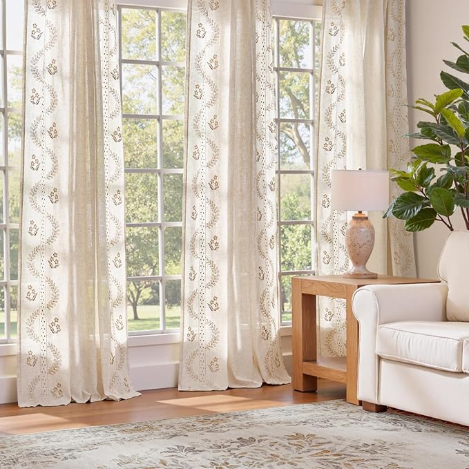 jinchan Belrose Linen Curtains for Bedroom Floral Curtains 72 Inch Length Linen - Image 3