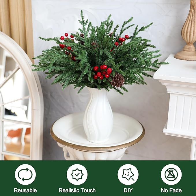 24 Pcs Christmas Norfolk Pine Stems, Realistic DIY Artificial Pine Branches for Christmas Decorations
