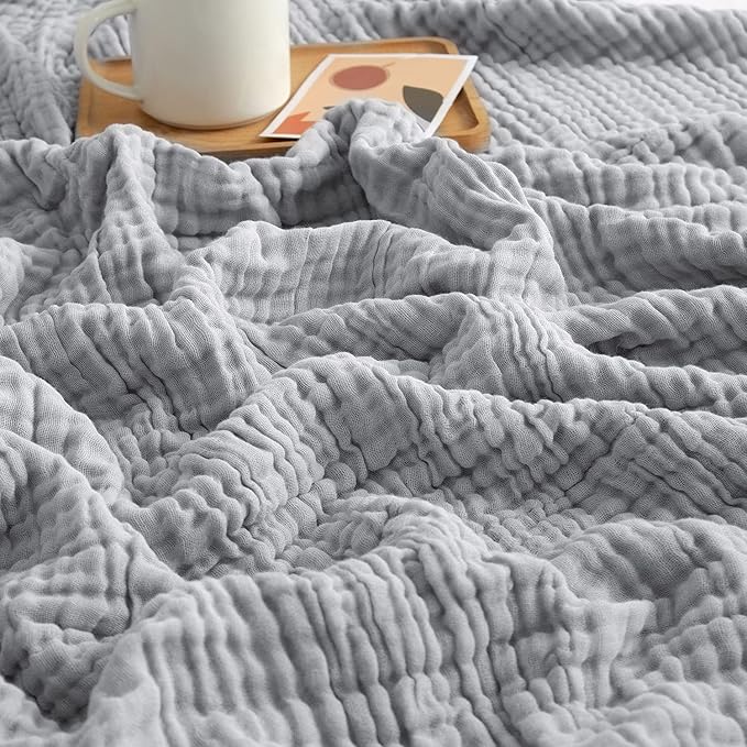 EMME Cotton Blanket Queen Size for Bed Soft Large Muslin Bed Blankets 80"x90" Lightweight Breathable Blanket All Season Gauze, Light Grey