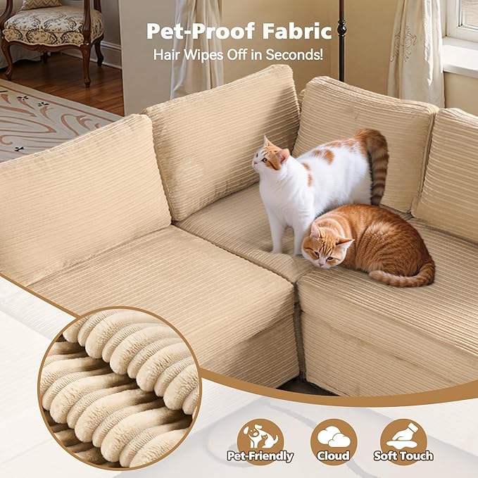 Modular Sectional Sofa, 130.7" L Shaped Couch Set for Living Room, 4-Seater Comfy Cloud Couches with Movable Ottoman, DIY Combination, Plush Corduroy, Beige