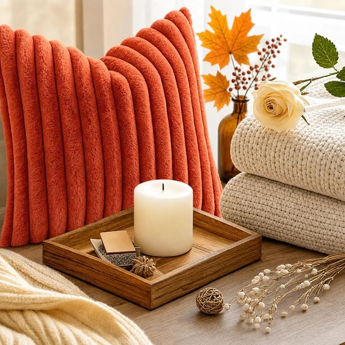decorUhome Fall Faux Fur Throw Pillow Covers 26x26 Set of 2 Rust | Decorative - Image 8
