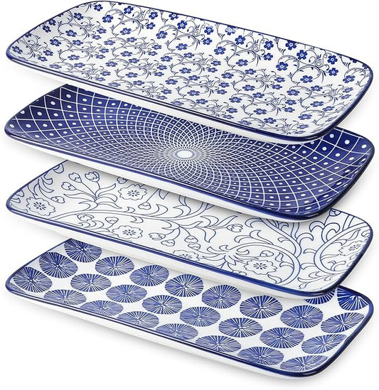 Selamica Ceramic Rectangular Salad Plates Set, Dinner Plate 9.4 Inch Dessert Plates for Party Entertaining, Small Serving Plates for Appetizers, Sushi, Fruit, Set of 4, Vintage Blue